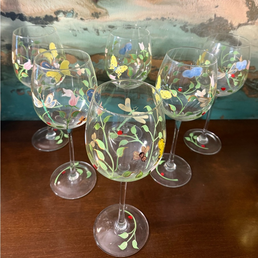 Set of (6) Lenox Butterfly Meadow Hand Painted 9.25" Wine Glasses, Lady bugs